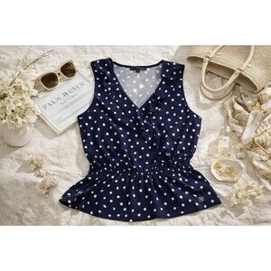Adrienne Vittadini Navy Polka Dot Sleeveless Ruffle Blouse V-Neck Size L